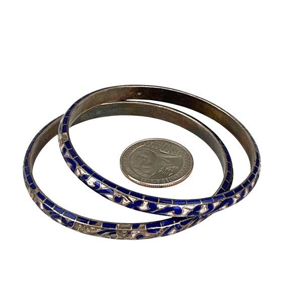 Vintage Blue & Silver Cloisonne Floral Pattern Bangles Set Of 2 Small Wrist - Picture 6 of 6